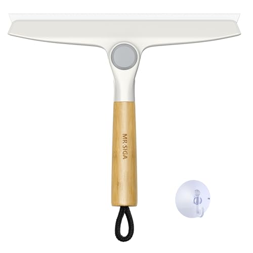 MR.SIGA All Purpose Silicone Squeegee for Shower Door, Mirror, Glass, Streak Free Shower Squeegee, Pivoting Bamboo Handle, Includes 1 Suction Hook, 10 inch Wide, 1 Pack - color: White
