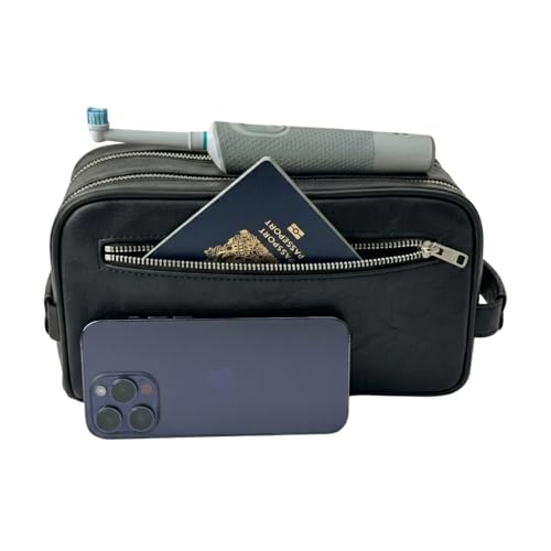 Toiletry Bag For Men Large, Premium PU Leather Travel Kit, Metal Zippers & Bottom Studs, Velvet Dust Bag & Shape-Retention Packaging – Gift Ready For Groomsmen, Anniversary, Birthday Gifts/ BLACK - color: BLACK