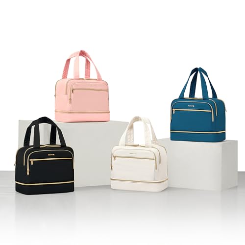 Hanke Travel Toiletry Bag, Lightweight Wide-open Large Toiletry Bags for Women, Dual-Layer Makeup Bag Water-Resistant Cosmetic Travel Bag with Handle for Accessories, Essentials, Black - color: Black