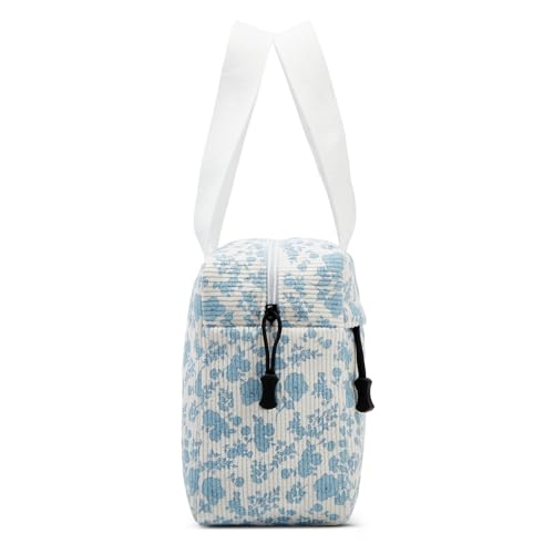 Large Makeup Bag for Women Corduroy Cosmetic bag Make up Bags Zipper Pouch with handle Cosmetic Organizer Toiletry Bag for Travel Storage - color: 13-Blue Flower