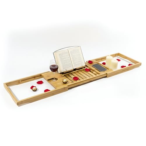 OVENTE Bathtub Tray Caddy, Expandable Bamboo Bath Tray Table, Wooden Tub Board with Books, Tablets, Phone and Wine Glass Holder, Bathroom Accessories and Home Spa Essentials, Wood BTC20228