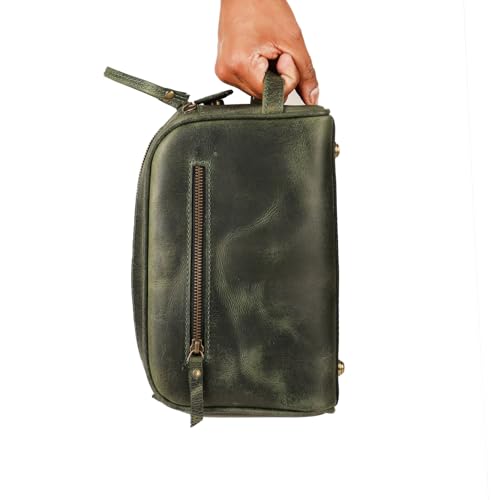 KomalC Leather Toiletry Bag for Men & Women – Handcrafted Travel Grooming Kit with Water-Resistant Lining and Secure Zipper Closure - style: 1 Zip Classic Light Green