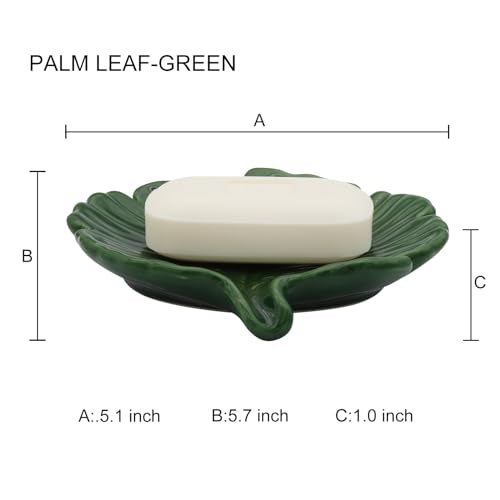 Elegant Bathroom Soap Dish,Ceramic Soap Dish Holder in Palm Leaf Style,Self-Draining Design for Bathroom - color: Green