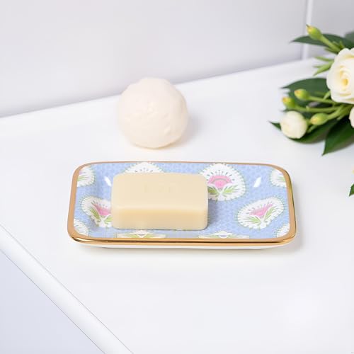 Jaye’s Studio Decorative Trinket Tray, Jewelry Plate, Catchall Dish for Bathroom, Dresser, Nightstand, Entryway, Blue and Pink, Chinoiserie Dish, Gold Tray, Daphne Laney Collection - color: Multicolor