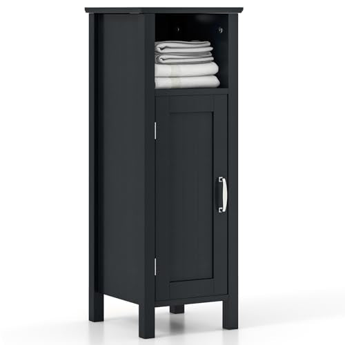 Tangkula Bathroom Floor Storage Cabinet With Anti-Tipping Device, 3-Height Adjustable Shelf, Wood Freestanding Side Cabinet for Home Office, 12 x 12 x 31.5 Inches (Black) - color: Black