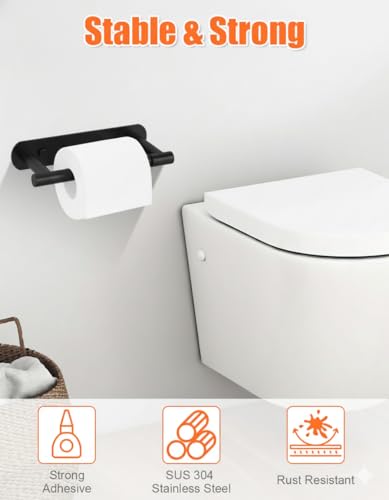 YUET Toilet Roll Holder, Self Adhesive or Screw in Wall Mounted Options, Double Post Pivoting Tissue Roll Holder, Stainless Steel Rustproof Stick On No Drilling Wall Mount for Bathroom, Matte Black - color: Black-pivoting