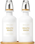 11.8OZ Mouthwash Dispenser for Bathroom with Bamboo & Stainless Steel Pour Spout, Mouthwash Cups Reusable, Bamboo Tray, and Elegant Gold Label. Set of 2（White - color: White/350*2