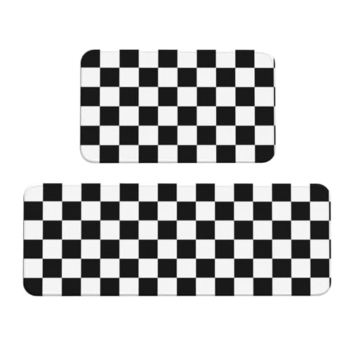 Black and White Checkered Kitchen Rugs Microfiber Floor Mats Checkerboard Cushioned Carpet Runner Rug for Laundry Bathroom Living Room, 2 Piece Set 17"X 47" + 17"X 30" - color: Black and White Checkered