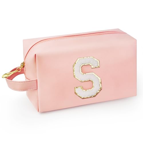 Personalized Initial Makeup Bag with Handle, Preppy Cosmetic Bag with Inner Zipper Pocket, 8 9 10 11 12 13 14 Years Old Girl, Graduation Gifts for Teen Girls Women Teachers (S, Pink) - color: Pink, style: S