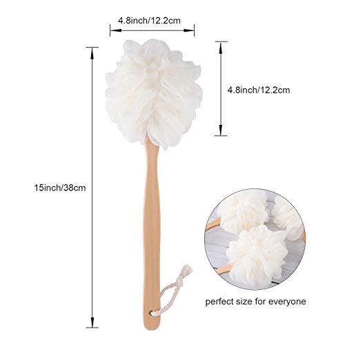 White Loofah with Handle - Back Scrubber for Shower, Exfoliating Body Sponge with Soft PE Mesh and Wood Stick, Clean Look Bath Accessory for Men and Women - color: White