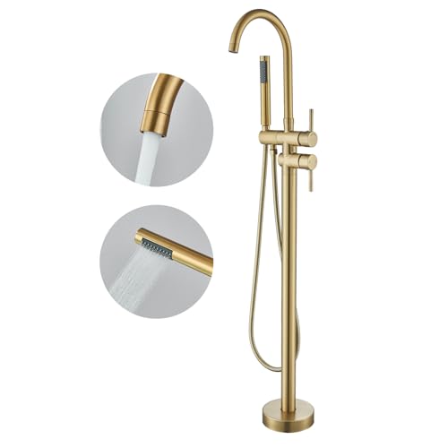 Freestanding Bathtub Faucet Floor Mount Tub Filler Brushed Gold High Flow Shower Faucets with Handheld Shower Mixer Taps Swivel Spout for Bathroom
