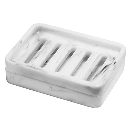 Shinowa Resin Soap Dish, Self-Draining Bar Soap Tray with Drainable Board, Dual Layer Sponge Holder for Bathroom Kitchen Shower Bathtub Sink Counter-top, Marble White