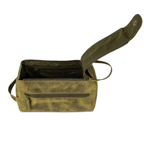 KomalC Premium Buffalo Leather Toiletry Bag for Men & Women With Water resistant Lining, Grooming Travel Pouch, Unisex Wash Bag for Toiletries, Gifts for Men and Women - color: Distressed Green Tan