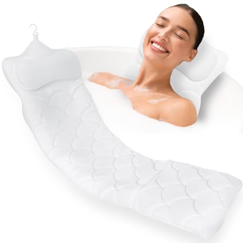 REEZEIVI Full Body Bath Pillow,Thick Bathtub Cushion with Laundry Bag,Bath Pillow with 13 Non-Slip Suction Cups,Soft 3D Mesh Fabric,Bathtub Cushion for Headrest Neck and Back Support (White) - color: White