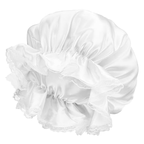 Shower Cap for Women, Reusable Waterproof Shower Cap, White Lace Trim Bath Caps for Long Curly Thick Hair, Hair Caps with Soft Elastic for Showers, Skincare, Cooking, Spa and Travel Use