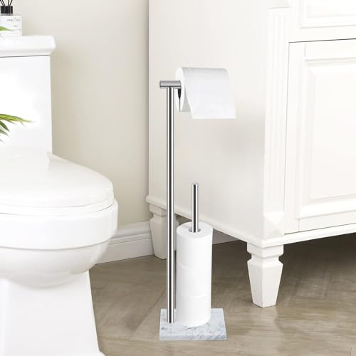 Toilet Paper Holder Stand with Weighted Natural Marble Base, Bathroom Free Standing Toilet Paper Roll Holder with Reserve, Standing Toilet Tissue Holder with Storage (Brushed Nickel, with Storage) - color: Brushed Nickel, size: With Storage