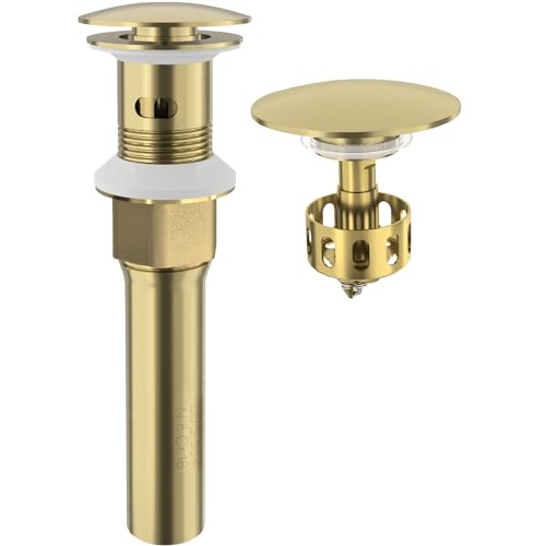 KAIYING Pop Up Drain, Bathroom Sink Drain Stopper with Overflow, Vessel Sink Drain Assembly with Detachable Basket Stopper, Anti-Explosion and Anti-Clogging Drain Strainer（Brushed Champagne Gold） - color: Brushed Champagne Gold, style: With Overflow