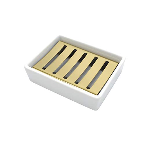 Ceramic Soap Dish Gold Stainless Steel Soap Holder for Shower and Bathroom Double Layer Draining Soap Box