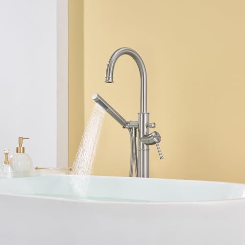 Wowkk Free Standing Tub Faucet Brushed Nickel Freestanding Bathtub Faucet Floor Mount Brass Bathroom Tub Filler with Hand Shower - color: Brushed Nickel, style: Modern