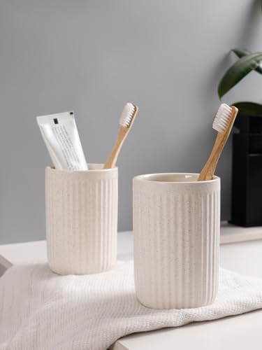Bosilunlife Soap Dispenser and Toothbrush Holder Set - Dish Hand Soap Dispenser Bathroom Set Ceramic Bathroom Counter Soap Toothbrush Holder Set Beige Bathroom Accessories Set - color: Beige Cylinder Stripes Liquid Pump & Toothbrush Holder