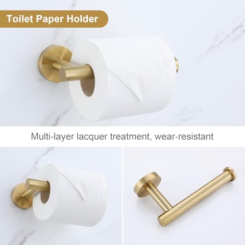 Lairuier 5 Pieces Brushed Gold Bathroom Accessories Set, 23.6 Inch Bath Towel Bar Set, SUS304 Stainless Steel Bathroom Hardware Set Round Toilet Paper Holder Set Wall Mounted - color: Brushed Gold, size: 5-Piece Standard Set