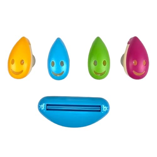 Toothbrush Holder with Suction Cup, 4 Pack Wall Mount Travel Toothbrush Covers for Bathroom Storage, Hygienic Ventilated Cap Case, Bonus Toothpaste Tube Squeezer Set, Oral Hygiene Accessories
