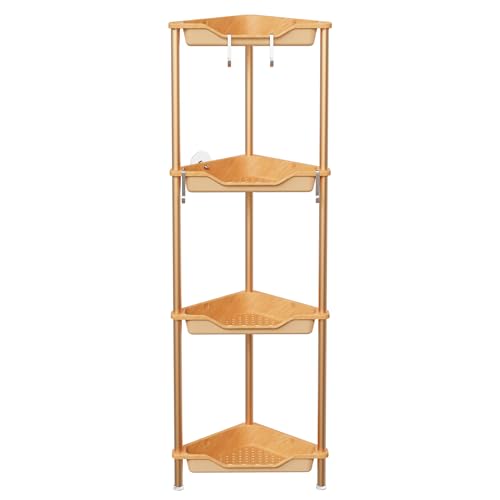 Orimade Rustproof 4 Tier Floor Standing Corner Shower Caddy Organizer, Plastic Aluminum Splicing Floor Corner Shelf Rack Storage Stands for Bathroom, Wood Grain Surface - color: Wood Grain-aluminum, size: 4 Tier