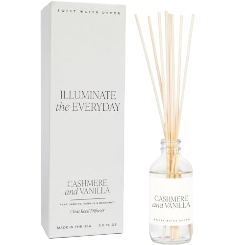 Sweet Water Decor Non-Toxic Cashmere and Vanilla Reed Diffuser Set, Cashmere, Sandalwood, Milky Coconut, Bourbon Vanilla Scented Diffuser for Home, Light Fragrance, Made in the USA, 3.5 FL OZ - style: Cashmere & Vanilla