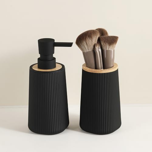 YAUKPH Bathroom Accessories Set 2 Piece Soap Dispenser and Toothbrush Holder for Bathroom Countertop Striped Black and Bamboo - color: Striped Black and Bamboo