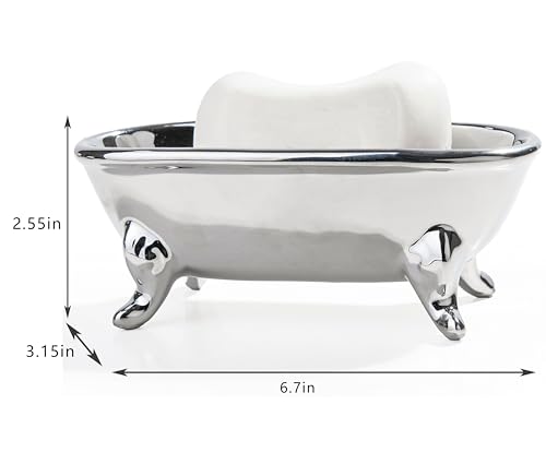 6.7" Ceramic Mini Clawfoot Bathtub Bar Soap Dish, Decorative Bar Soap Holder, Soap Tray Sponge Holder for Shower, Bathroom & Kitchen Sink (Silver) - color: Silver