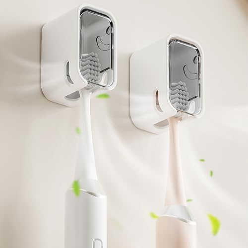 2 Pack Toothbrush Holders for Bathroom, Self Adhesive Wall Mounted Toothbrush Holder with Cover, Single Toothbrush Dispenser Storage Organizer for Family, Travel, Waterproof and Dustproof (Grey) - color: Grey