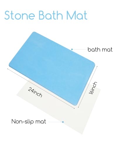 Stone Bath Mat 24"x16" - Diatomaceous Earth Shower Mat, Quick Dry, Anti-Slip, Modern Design with Bonus Non-Slip Pad - Perfect for Home Safety and Style, (Blue) - color: Blue