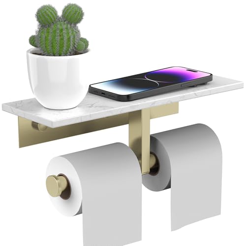 BWE Double Toilet Paper Holder with Shelf, Wall Mounted Tissue Roll Holder for Bathroom, Commercial Toilet Paper Dispenser, Marble Toilet Paper Storage Holder with Phone Shelf (Brushed Gold) - color: Double Brushed Gold