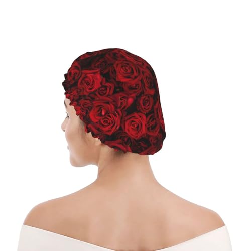 Red Rose Flowers Shower Cap For Women Reusable Waterproof Double Layers Bath Cap Hair Protection Elastic Ladies Spa Salon Shower Hat - color: Red Rose Flowers