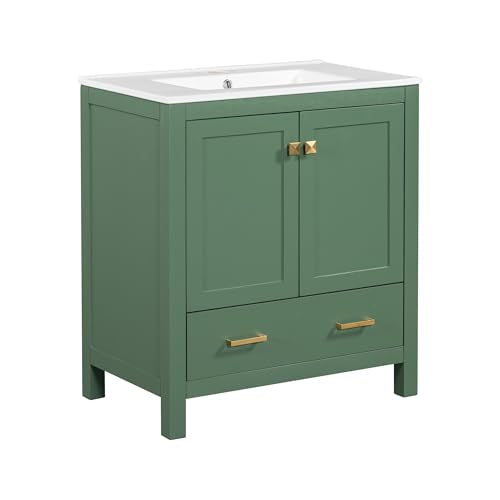 Linique 30" Modern Bathroom Vanity with Sink Combo Set, Solid Wood Frame Bathroom Storage Cabinet with 2 Soft Closing Doors and a Drawer, Multifunctional Storage, Green - color: Green