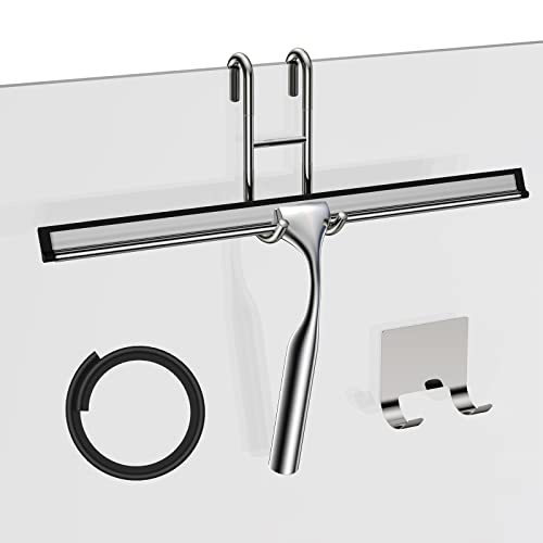14-Inches Stainless Steel Shower Squeegee Set, Include Shower Door Hook, Adhesive Hook and Spare Silicone Blade, Window Squeegee for Shower Glass Door, Bathroom, Mirror, Window and Car Glass - color: Silver, size: 14-inch
