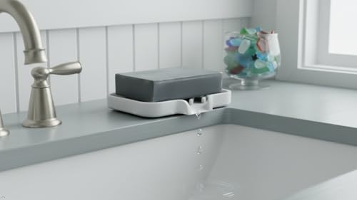 Silicone Soap Dish Tray and Sponge Holder with Drain Chute and Feet | 3-Way Sloped Design | Bathroom and Kitchen Sink Organizer Caddy (White, 5"x4", 3.5 Ounces) - color: White, size: 5"x4"