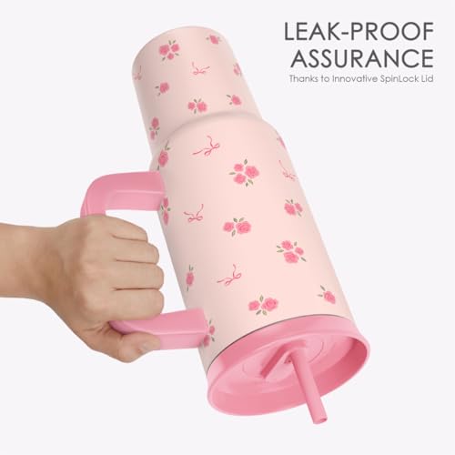 SANDJEST Rose Stainless Steel Locking Lid Silicone Straw Tumbler with Handle 40oz, Floral Insulated Stainless Steel Travel Cup for Women Girls Friends, Gift Idea for Birthday Christmas - color: Rose