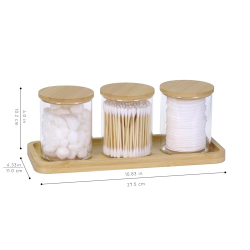 INIUNIK Qtip Holder with Vanity Tray, 3 Pack Glass Apothecary Jars with Lids, Bathroom Accessories Canisters Organizers Jars Containers for Cotton Ball Round Swab Pad Hair Ties Floss Perfume Jewelry