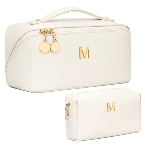 Birthday Gifts for Women Teen Girl, Personalized Initial Makeup Organizer Bag Set, Open Flat Travel Cosmetic Bag With Clear Divider and Handle(Beige,M) - color: Beige, style: M