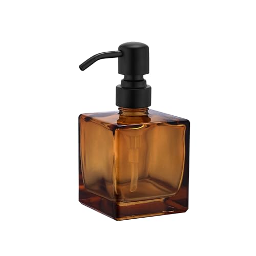 Square Bathroom Soap Dispenser Amber Bottle with Black Pump, Retangle Cube 8.4 oz Glass Bottles with Stainless Steel Pump Hand Liquid Soap Dispenser Kitchen - color: Amber and Black, size: 8.4oz-Square