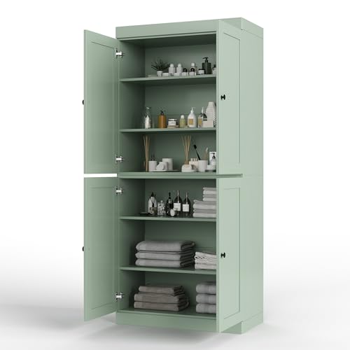 Palace Imports Solid Wood Tall Bathroom Pantry Cabinet with 4 Shaker Doors & Adjustable Shelves, Sage - 100% Eco-Friendly, Renewable, Space-Saving Storage, 71.5" H x 32" W, Made in Brazil - color: Sage