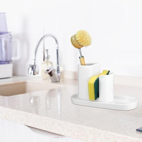 Geelin 3 in 1 Ceramic Kitchen Sink Caddy Dish Sponge Holder Scrub Brush Holder and Soap Tray for Kitchen Organizer White Rustic Farmhouse Supplies(White) - color: white