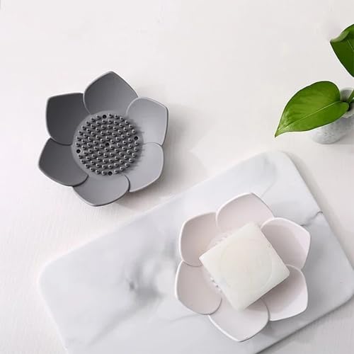 4 Pcs Lotus Flowers Soap Dish with Drain Silicone Holder Non-Slip Flexible Tray, Silicone Bar Soap Holder for Bathroom Shower