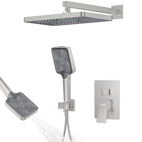 Shower System 13-Inch Rainfall Shower Head - 3 Setting Handheld Sprayer, Complete Bathroom Set with Faucet Mixer Trim Kit & Valve Brushed Nickel - color: Brushed Nickel, size: 13''