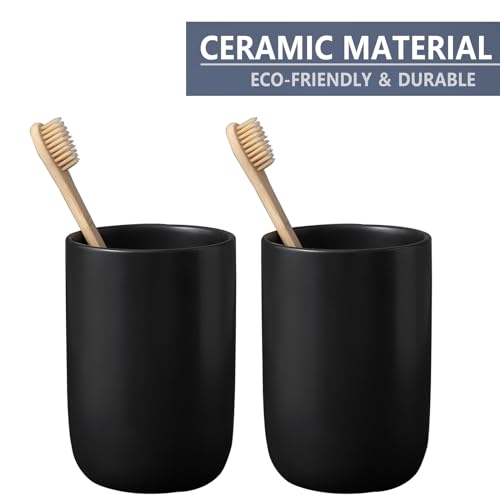 Matte Black Toothbrush Holders for Bathrooms - 2 Cups Ceramic Toothbrush Toothpaste Holders Set, Black Bathroom Tumbler Cups Reusable Toothbrush Cup Black Mouthwash Cup, Bathroom Counter Organizer - color: Black, size: 2pcs