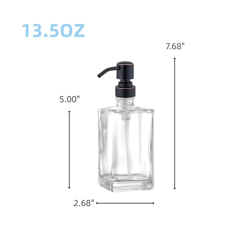 13.5 Oz Clear Glass Soap Dispenser with Rust Proof Stainless Steel Pump, Antique Design Refillable Square Lotion Dispenser for Bathroom, Premium Kitchen Hand Soap (Oil Rubbed Bronze) - color: Oil Rubbed Bronze