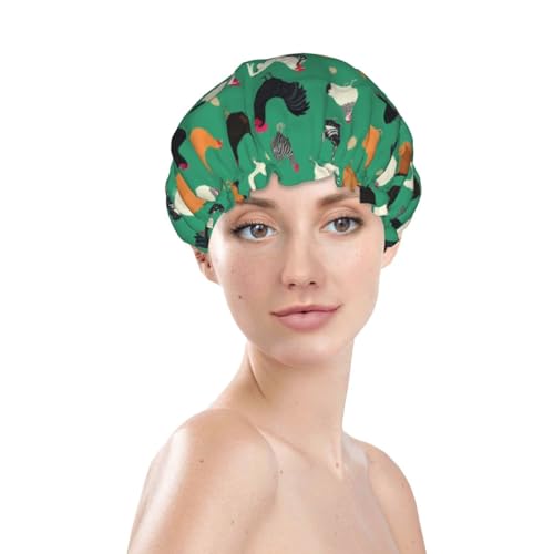 Funny Chickens Shower Cap For Women Reusable Waterproof Double Layers Bath Cap Hair Protection Elastic Ladies Spa Salon Shower Hat - color: Chickens