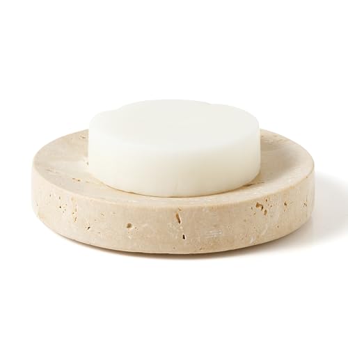 Marble Soap Dishes Natural Travertine Stone Sponge Holder for Bathroom Tub Shower Kitchen Sink, Handcraft Round Soap Case Trinket Plate Jewelry Tray Coaster for Home Decor Color Beige (WH046) - color: Beige