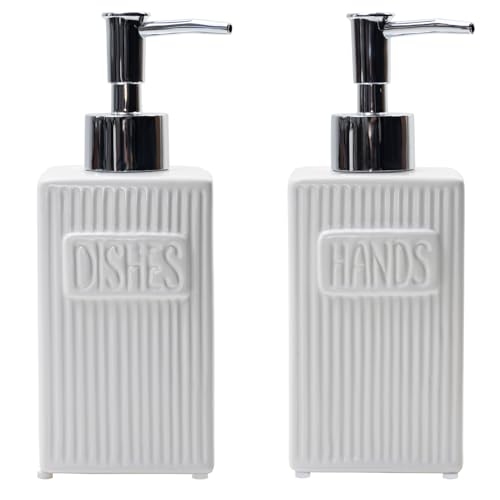 Ceramic Soap Dispenser Set, 2 Pack Hand and Dish Soap Dispenser with Funnel for Kitchen and Bathroom, White - color: White